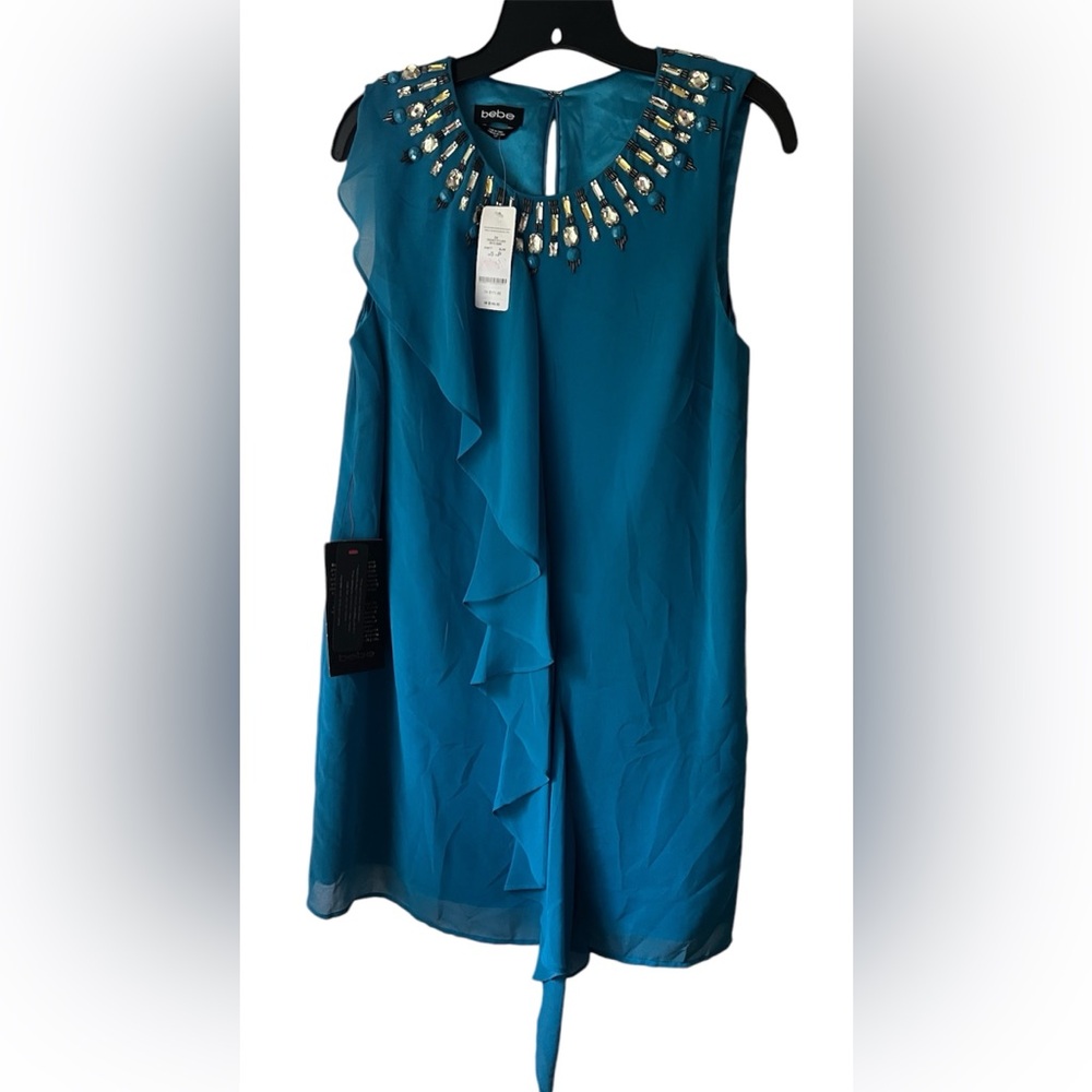 Bebe Beaded Neck Ruffle Dress-Blue